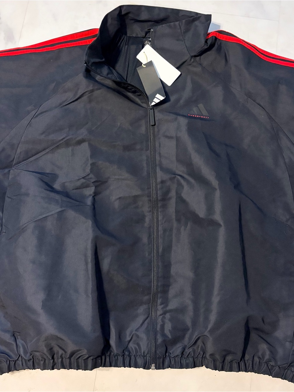 adidas Black Windbreaker Jacket with Red Shoulder Stripes
